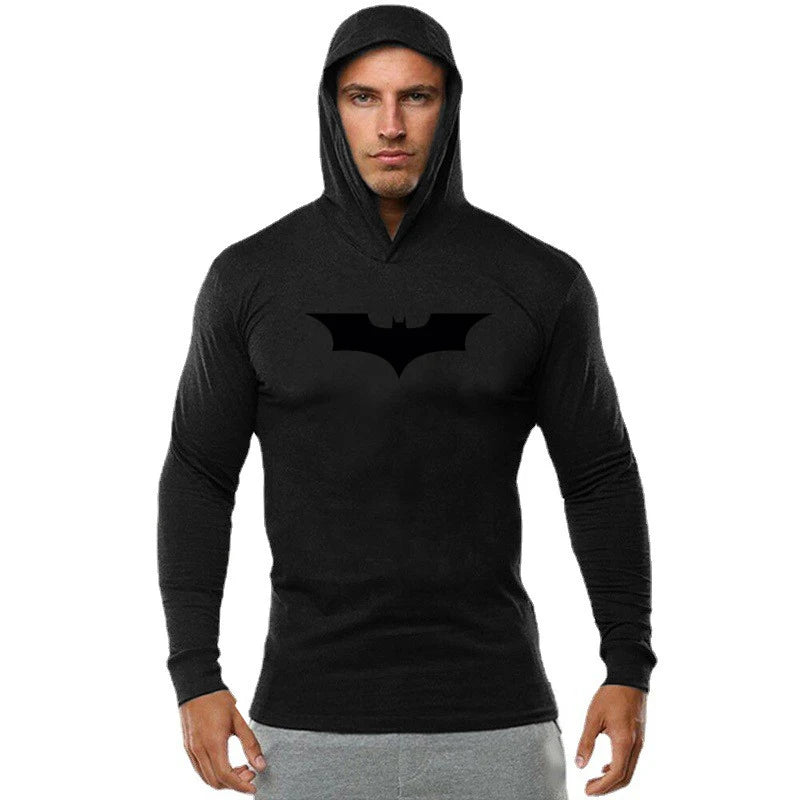 Black Bat Print Mens Fitness Casual Long Sleeve Slim Fit Hooded T-shirt Gym Bodybuilding Muscle Cotton Breathable Hip Hop Hoodie