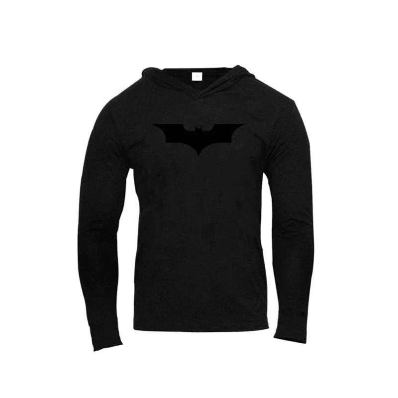 Black Bat Print Mens Fitness Casual Long Sleeve Slim Fit Hooded T-shirt Gym Bodybuilding Muscle Cotton Breathable Hip Hop Hoodie