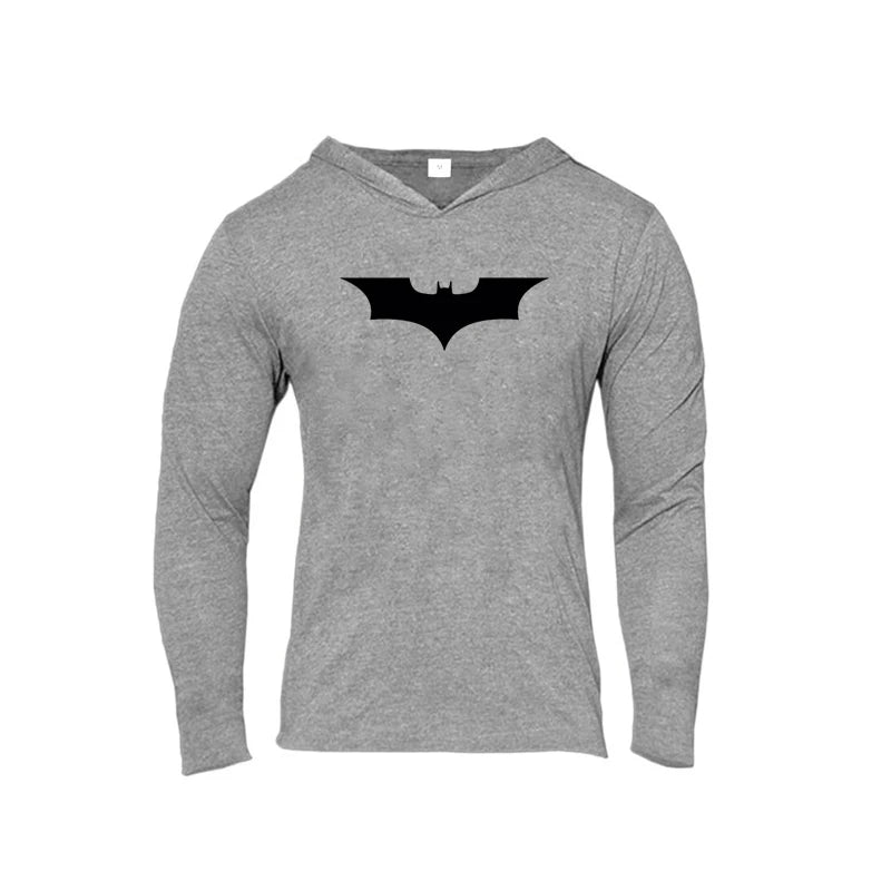 Black Bat Print Mens Fitness Casual Long Sleeve Slim Fit Hooded T-shirt Gym Bodybuilding Muscle Cotton Breathable Hip Hop Hoodie