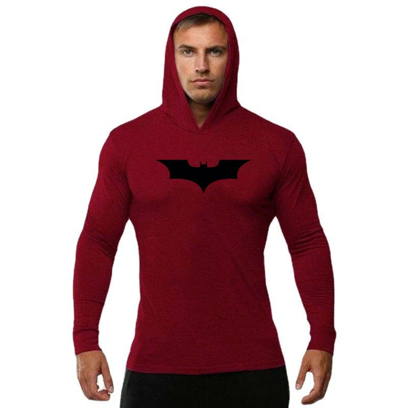 Black Bat Print Mens Fitness Casual Long Sleeve Slim Fit Hooded T-shirt Gym Bodybuilding Muscle Cotton Breathable Hip Hop Hoodie