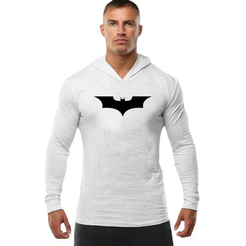 Black Bat Print Mens Fitness Casual Long Sleeve Slim Fit Hooded T-shirt Gym Bodybuilding Muscle Cotton Breathable Hip Hop Hoodie